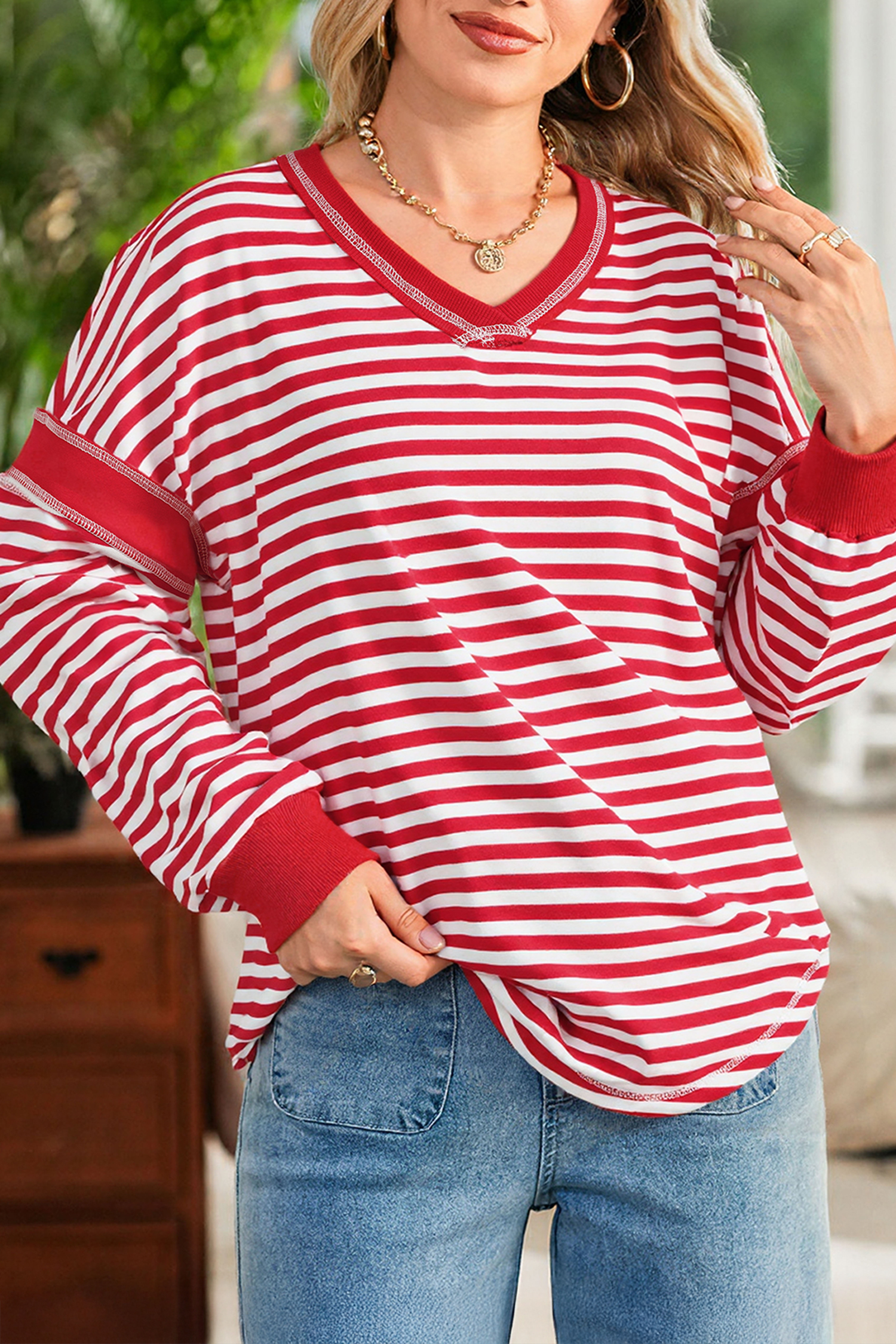 Red Stripe Exposed Seam V Neck Balloon Sleeve Pullover - loveforevers