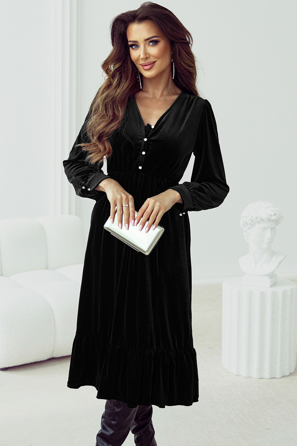 Dearlove Racing Red Velvet Buttoned Puff Sleeve V Neck Split Midi Dress - loveforevers