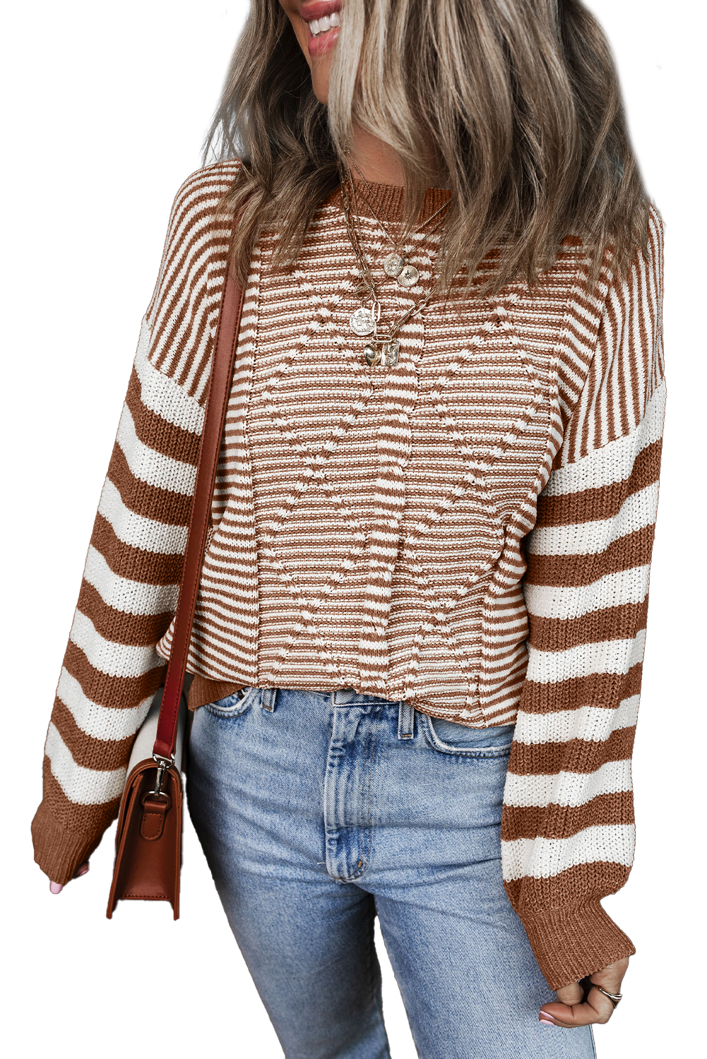 Gray Stripe Geometric Textured Drop Shoulder Sweater - loveforevers