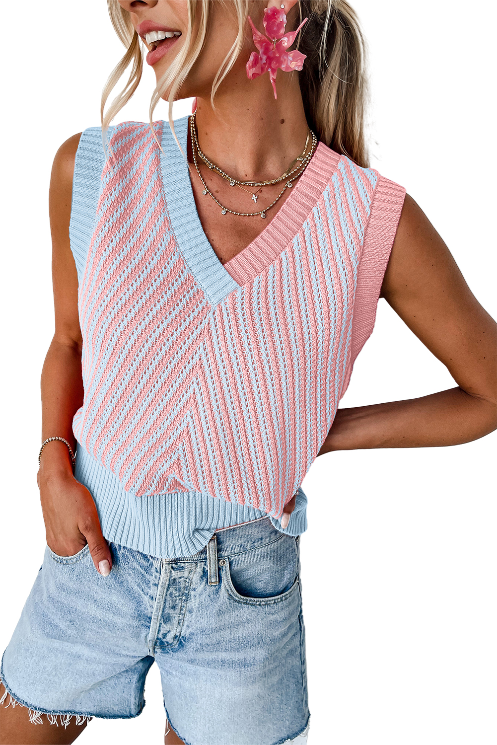 Black Contrast Chevron Knit V Neck Sweater Vest - loveforevers