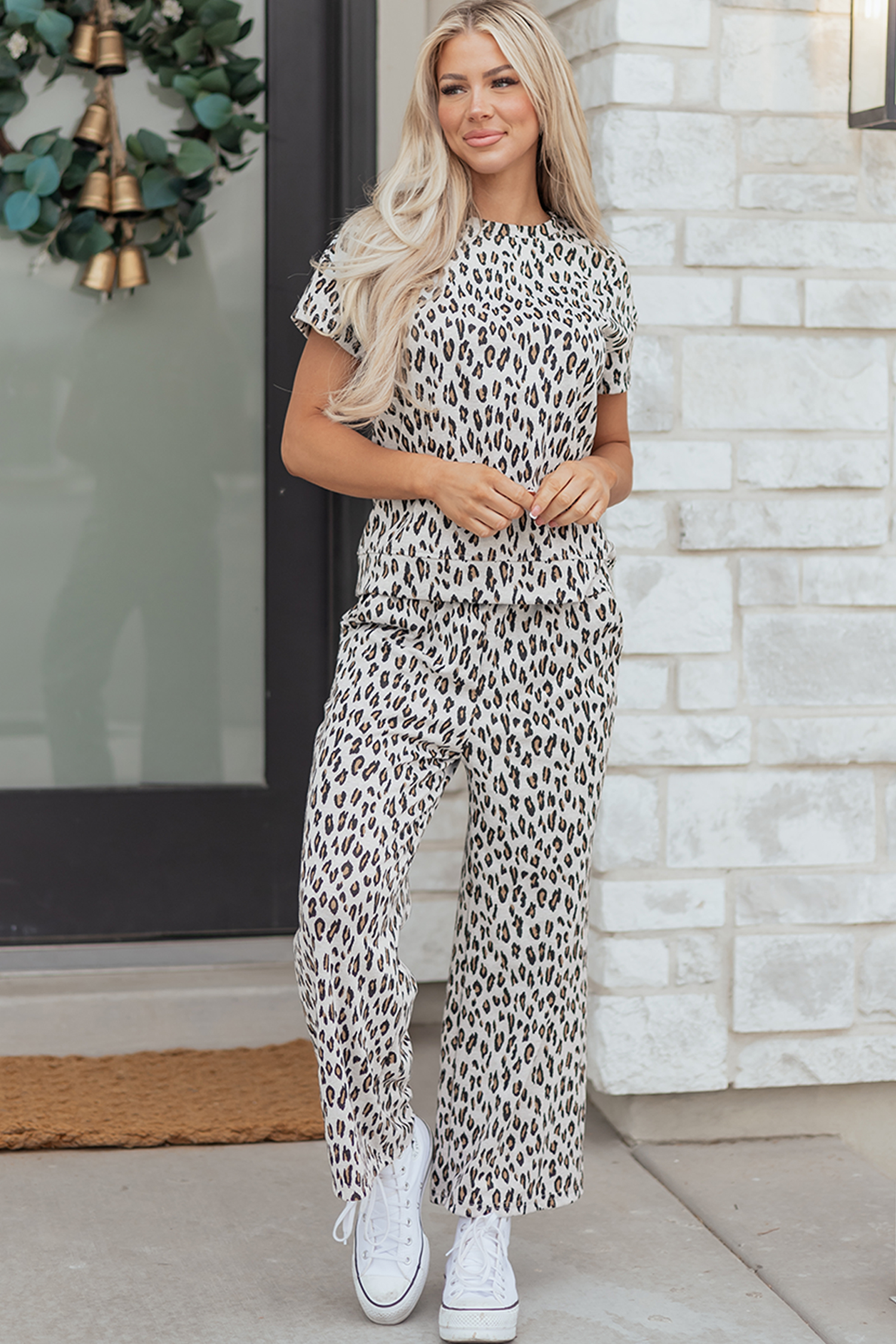 Beige Leopard Print Casual Tee and Pants 2pcs Outfit - loveforevers