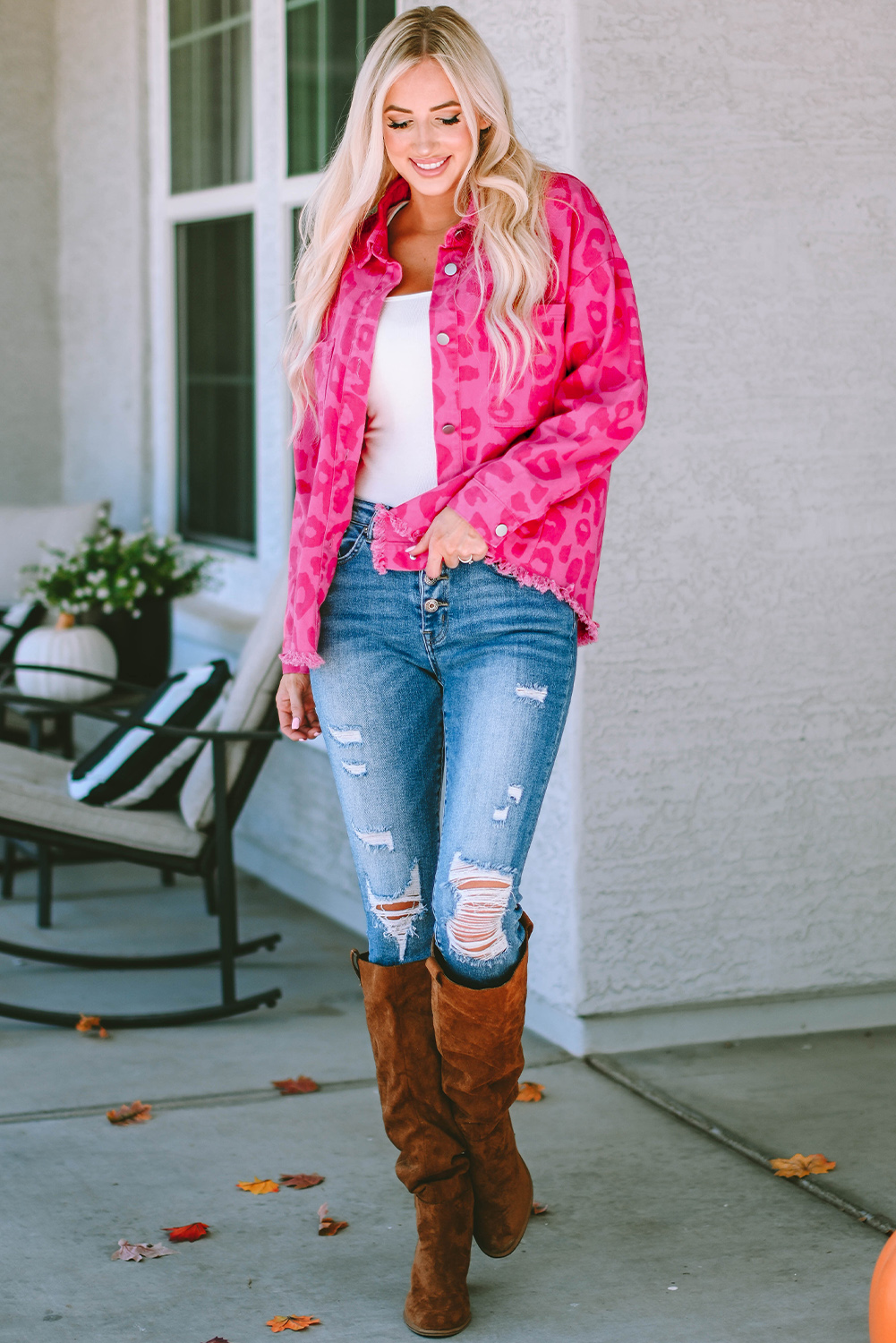 Pink Leopard Print Button Cuffs Raw Hem Jacket - loveforevers