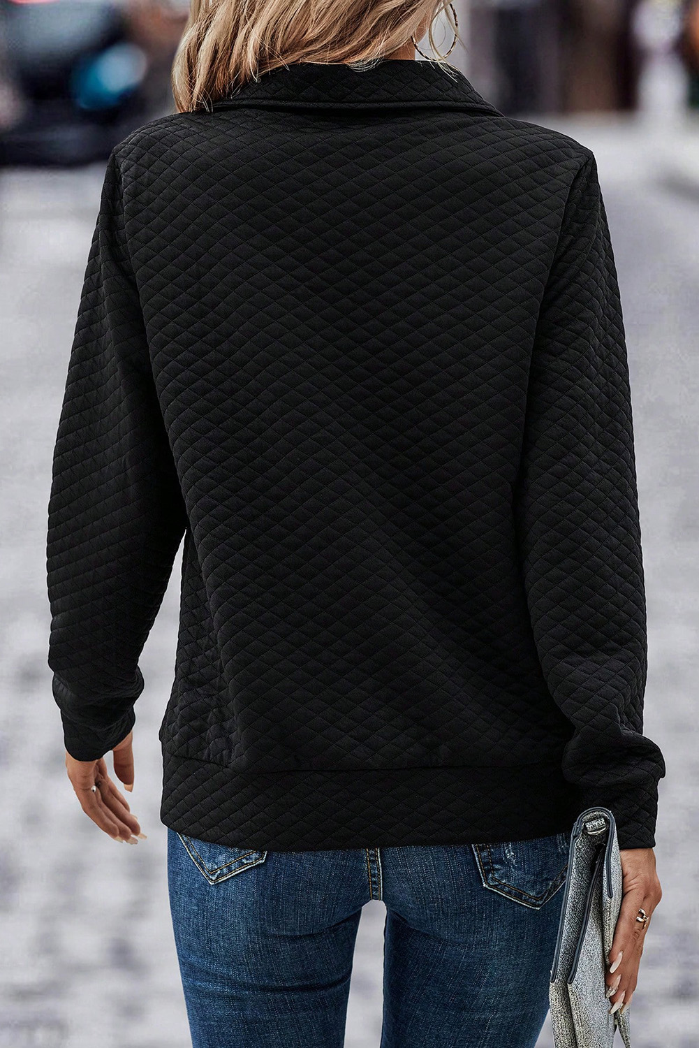 Black Solid Half Zipper Quilted Pullover Sweatshirt - loveforevers