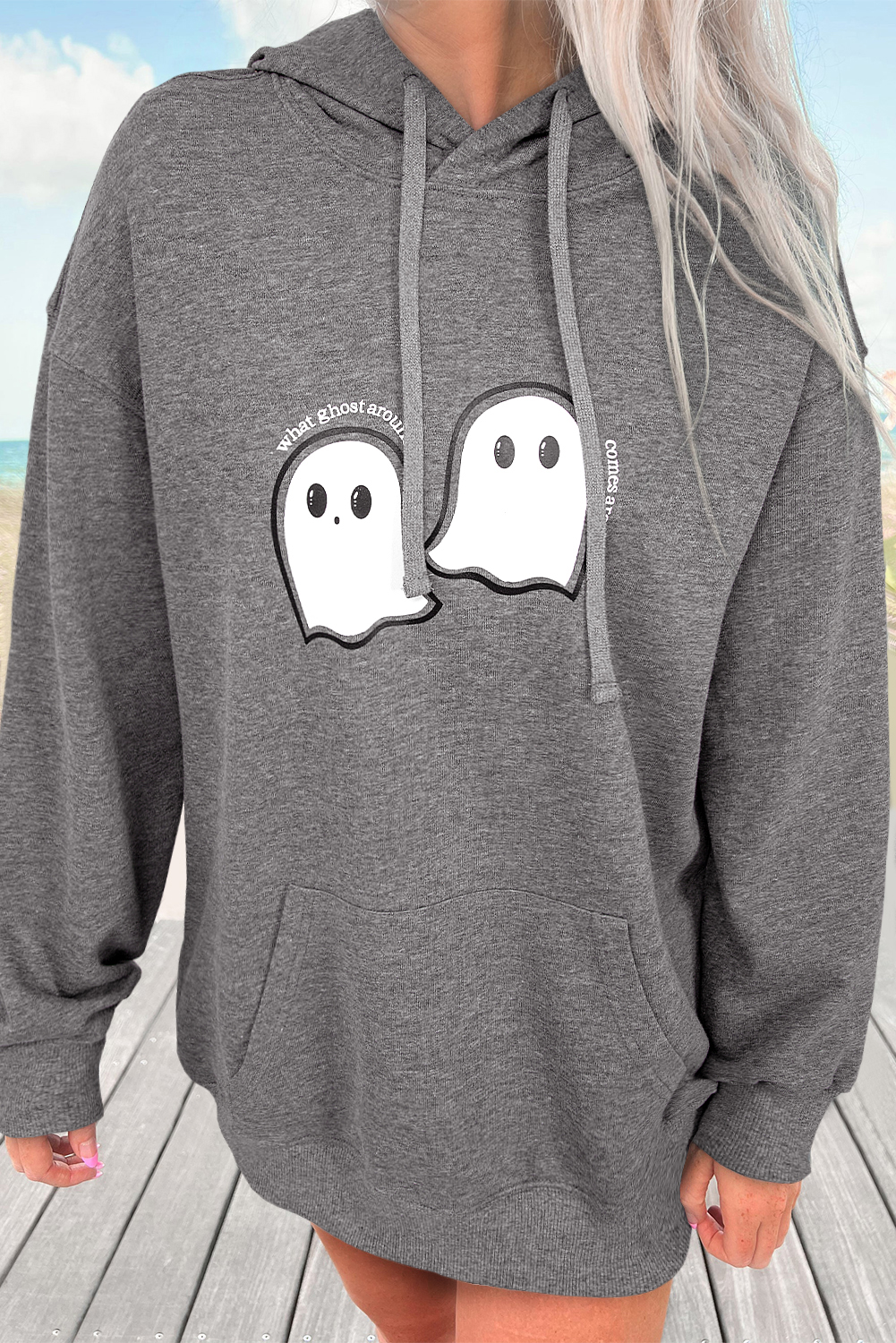 Dark Grey Cute Halloween Ghost Print Mineral Wash Oversize Hoodie - loveforevers