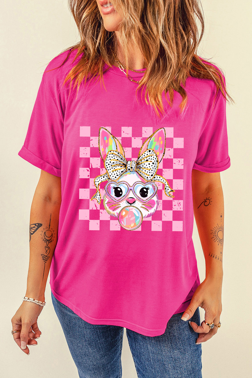 Rose Red Plaid Bubble Gum Rabbit Graphic Easter T Shirt - loveforevers