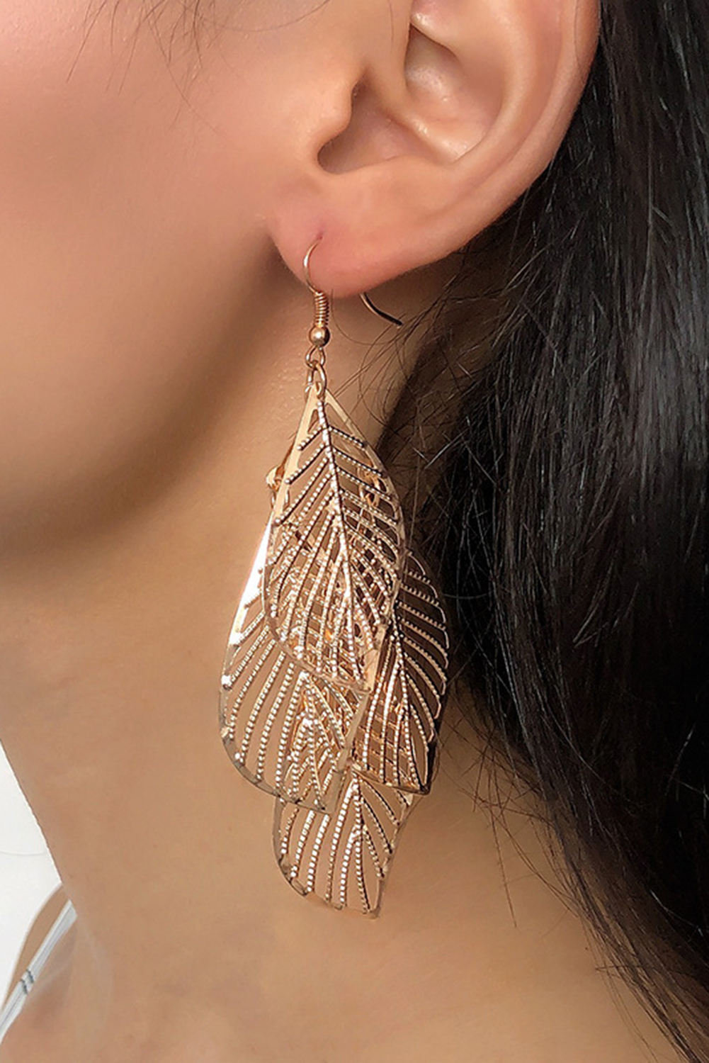 Gold Hollow Out Leaves Plated Alloy Hook Earrings - loveforevers