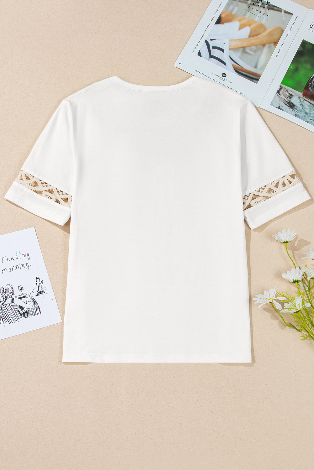 White Lace Crochet Crew Neck Casual T Shirt - loveforevers