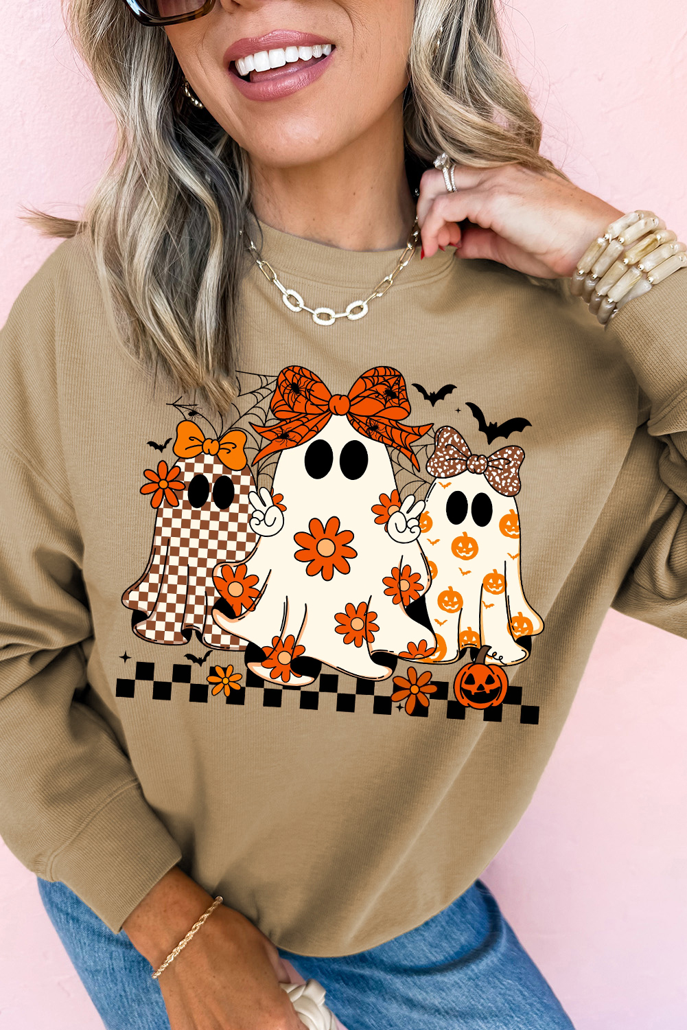 Khaki Cute Halloween Ghost Printed Drop Shoulder Baggy Sweatshirt - loveforevers