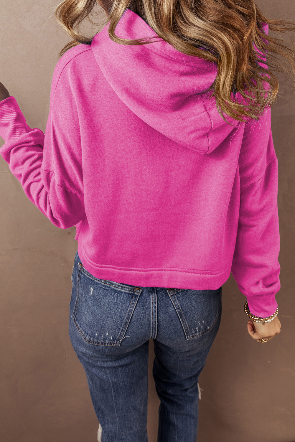 Black Solid Drop Shoulder Drawstring Cropped Hoodie - loveforevers