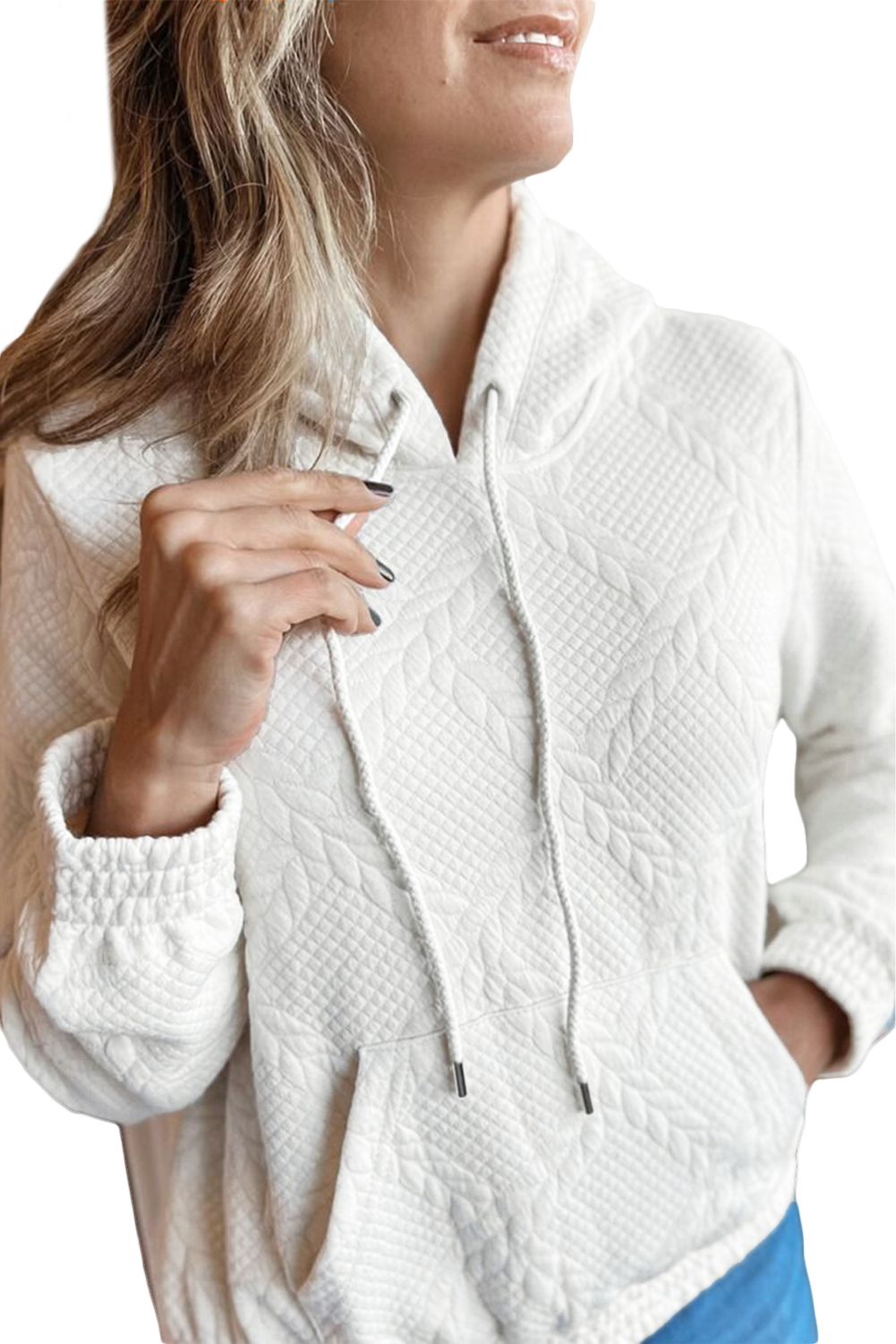 White Cable Lattice Texture Kangaroo Pocket Hoodie - loveforevers