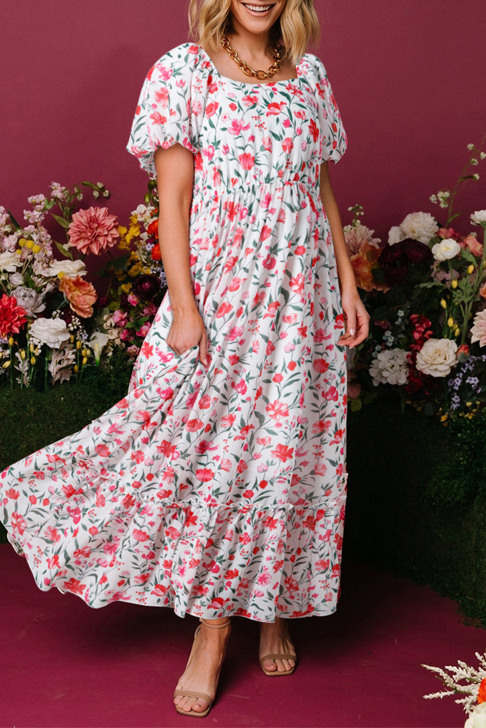 Pink Floral Puff Sleeve Square Neck Empire Waist Tiered Maxi Dress - loveforevers