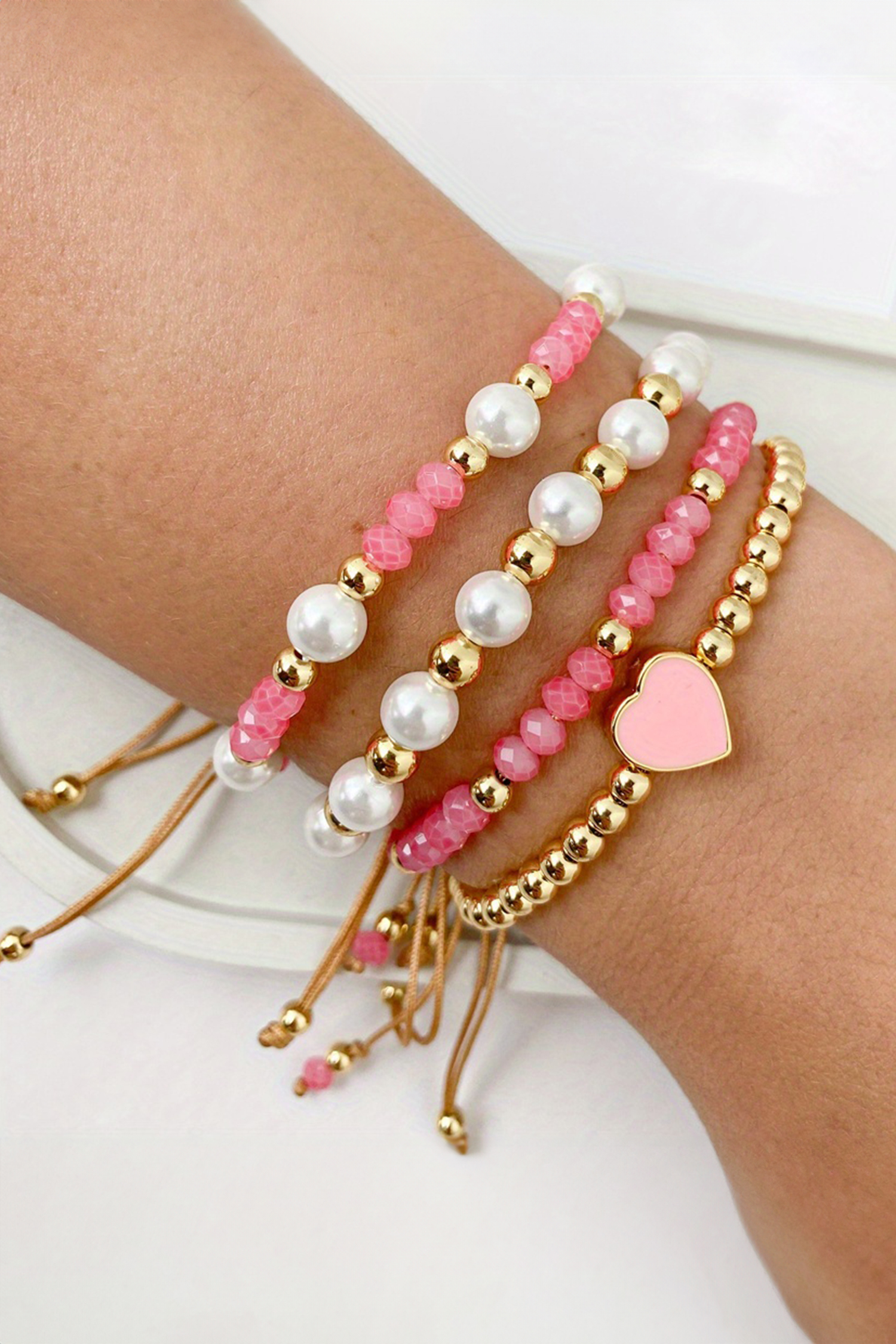 Pink Polyhedral Pearl Golden Beads Adjustable String 4pcs Bracelet Set - loveforevers