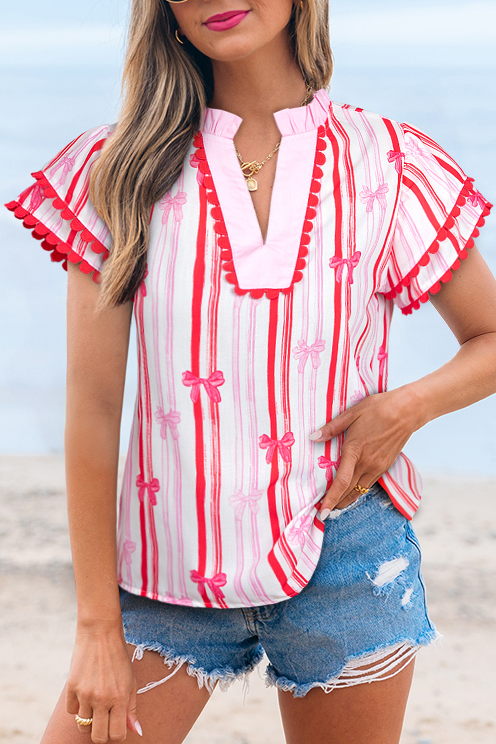 Pink Ric-rac Trim Ruffled Sleeve V Neck Bow Striped Printed Blouse - loveforevers
