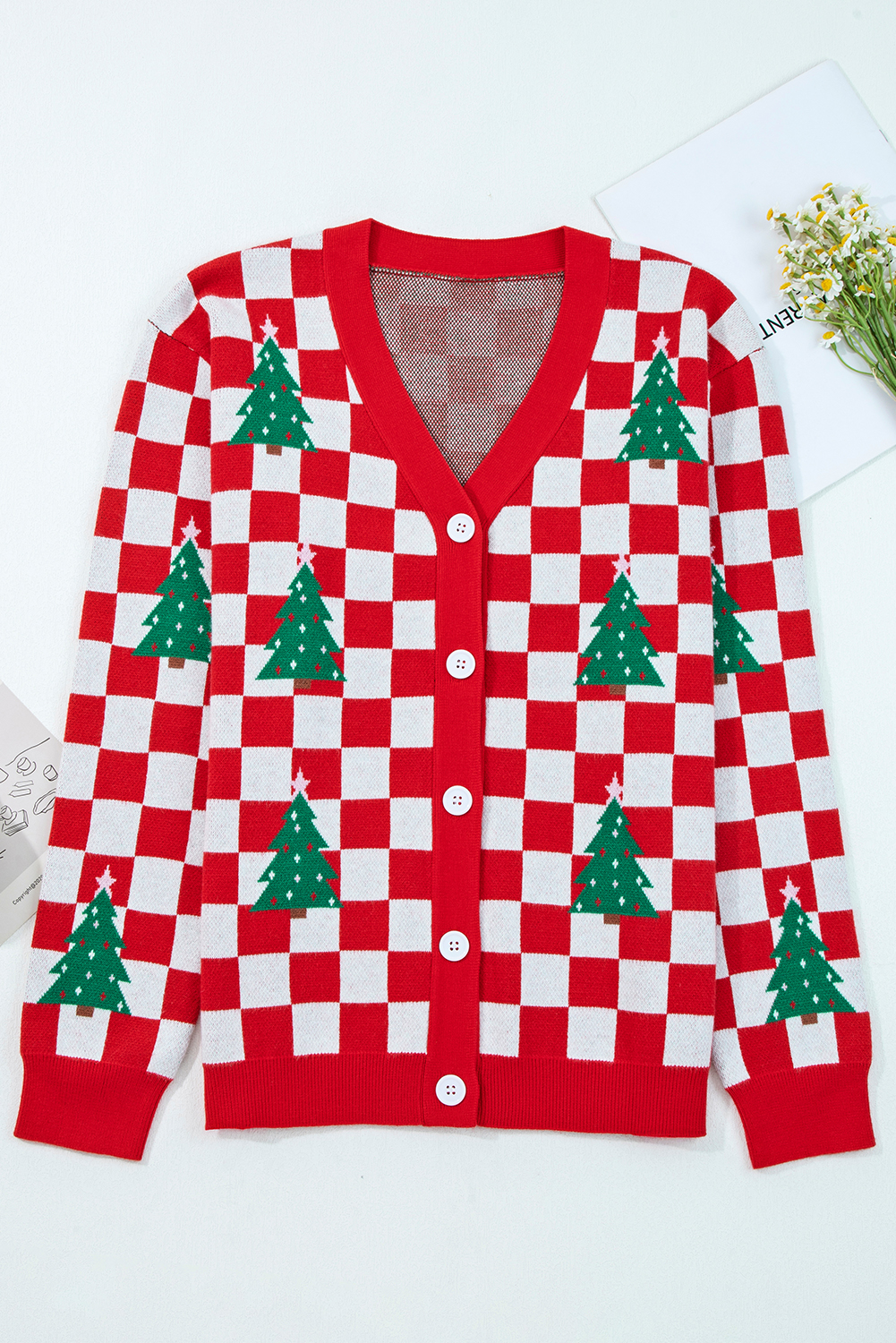 Pink Checkered Christmas Tree Pattern Button V Neck Cardigan Sweater - loveforevers