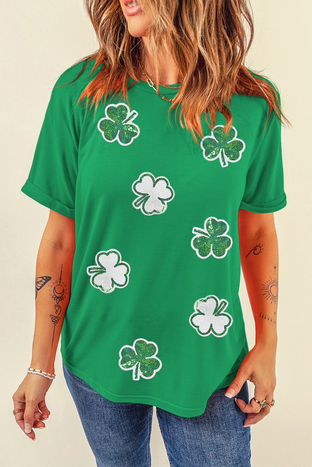 Bright Green St Patricks Sequined Clover Pattern T Shirt - loveforevers