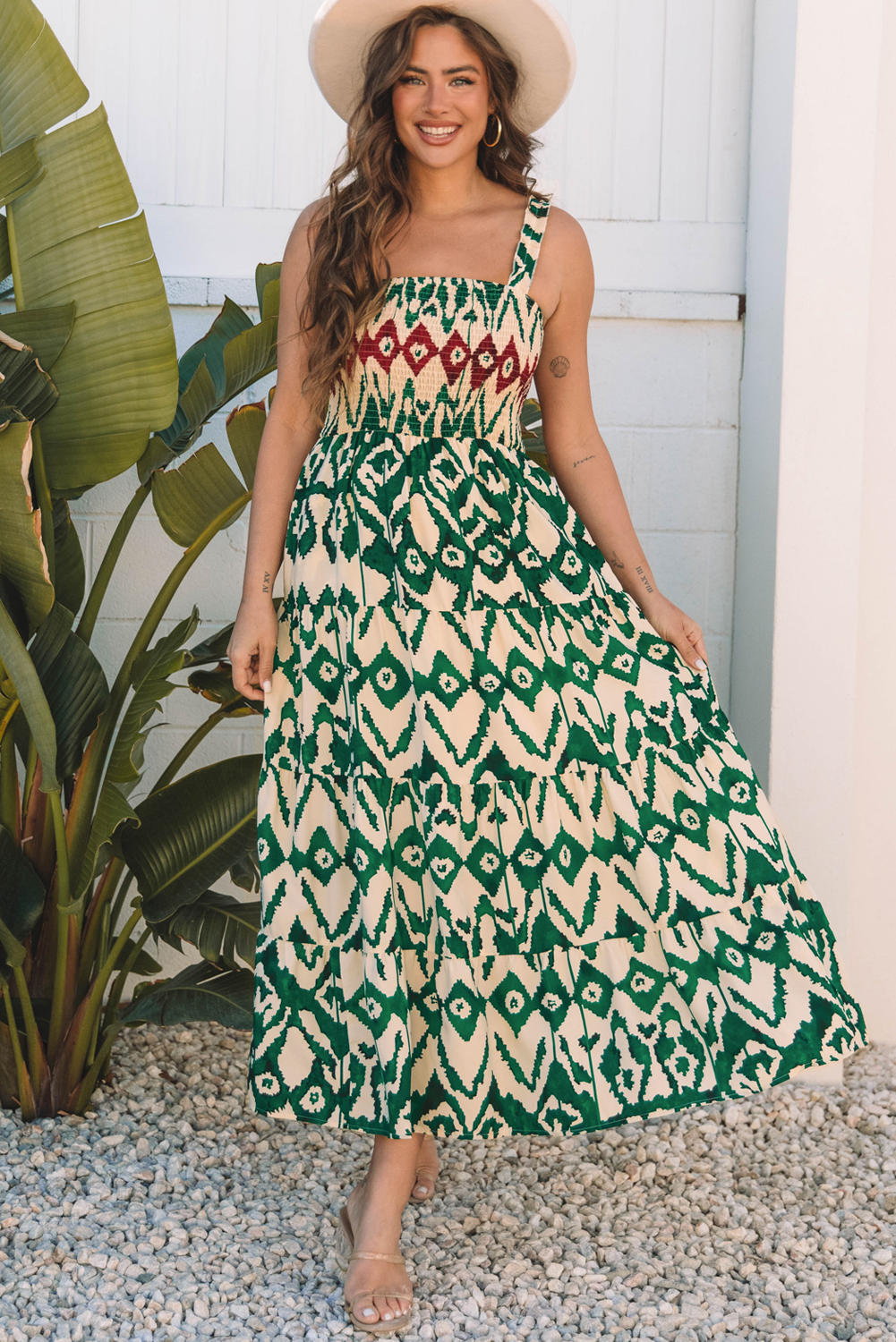 Green Western Aztec Shirred A-line Sleeveless Maxi Dress - loveforevers