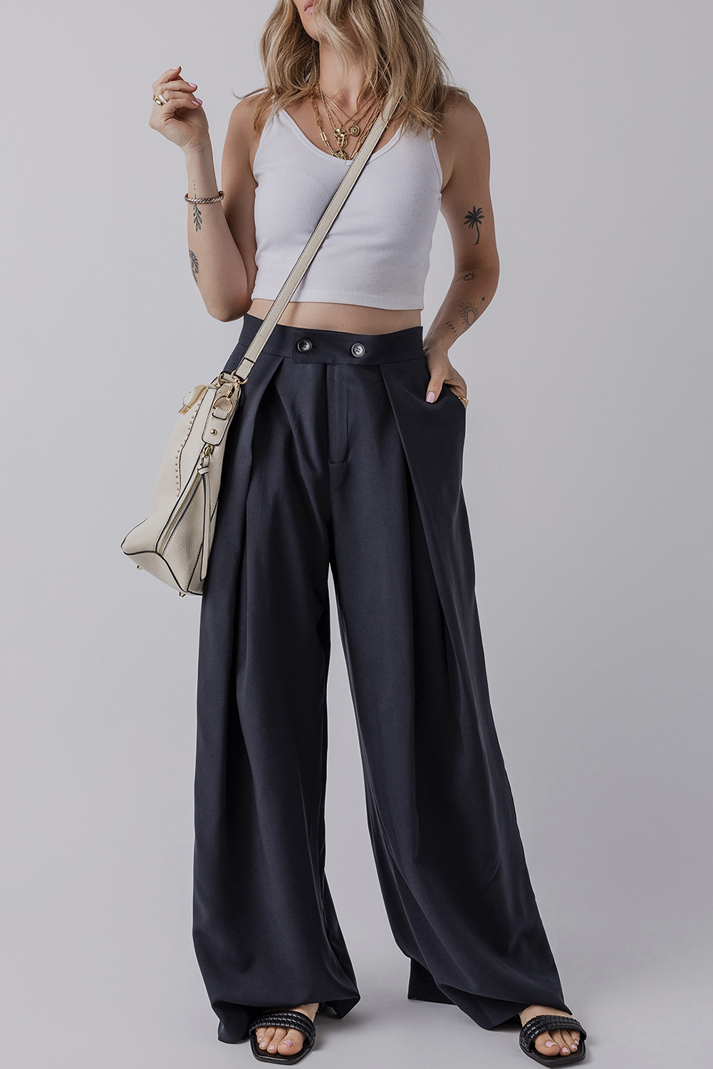 Dirty blue Dual Buttoned High Waist Pleated Wide Leg Pants - loveforevers