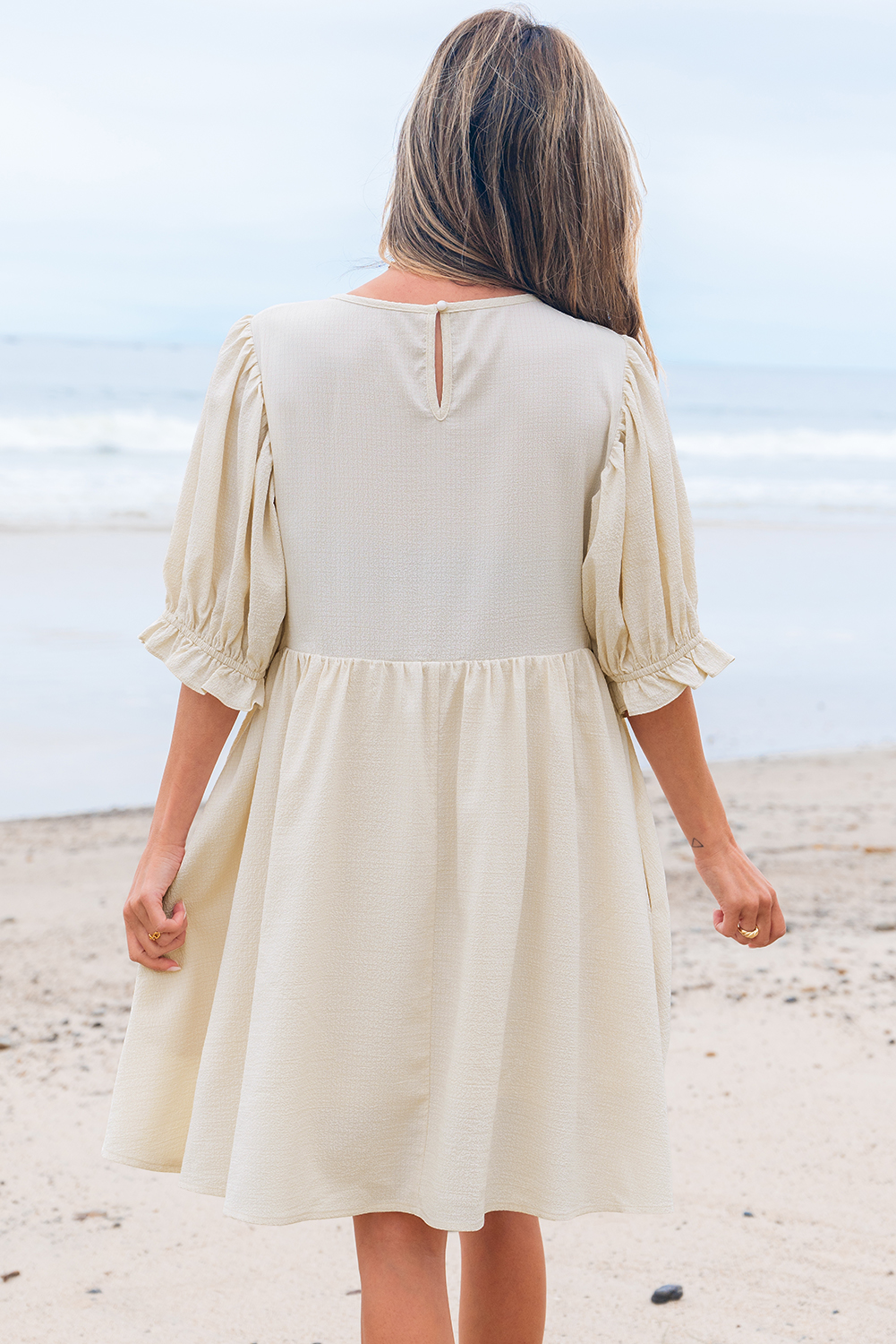 White Textured Ruffled Puff Sleeve Loose Dress - loveforevers