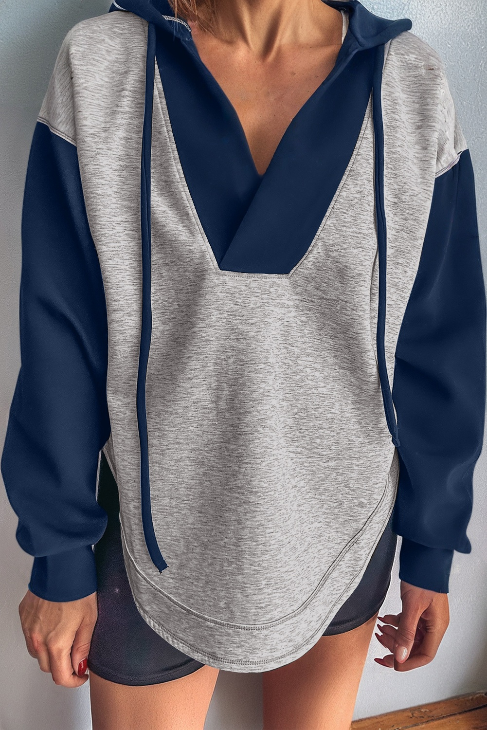 Light Grey Color Block Patchwork V Neck Drawstring Hoodie - loveforevers