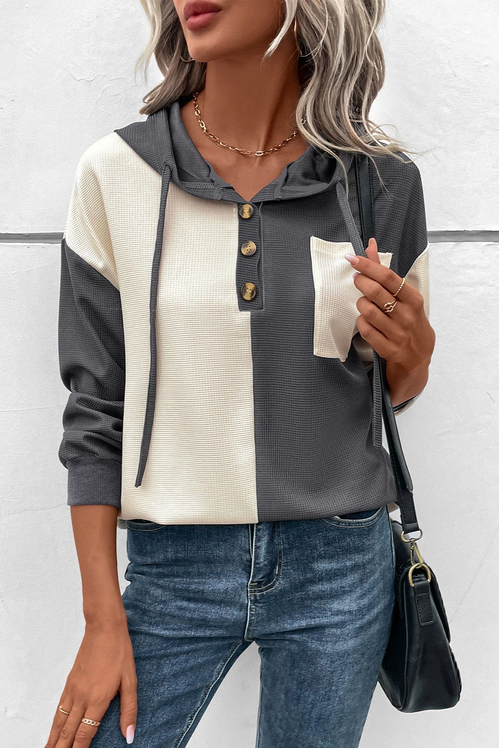 Dark Grey Waffle Colorblock Buttons Placket Drop Shoulder Drawstring Hoodie - loveforevers