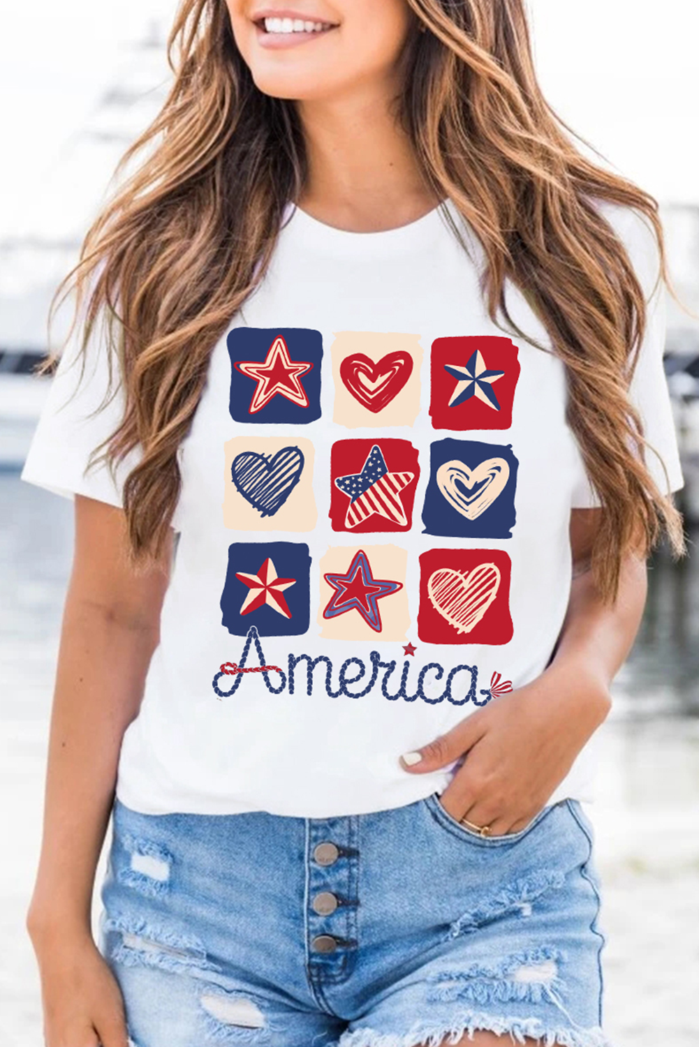 White American Heart Star Checkered Graphic Tee - loveforevers