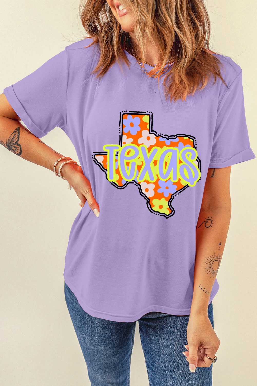 Wisteria TEXAS Flower Print Crew Neck T Shirt - loveforevers