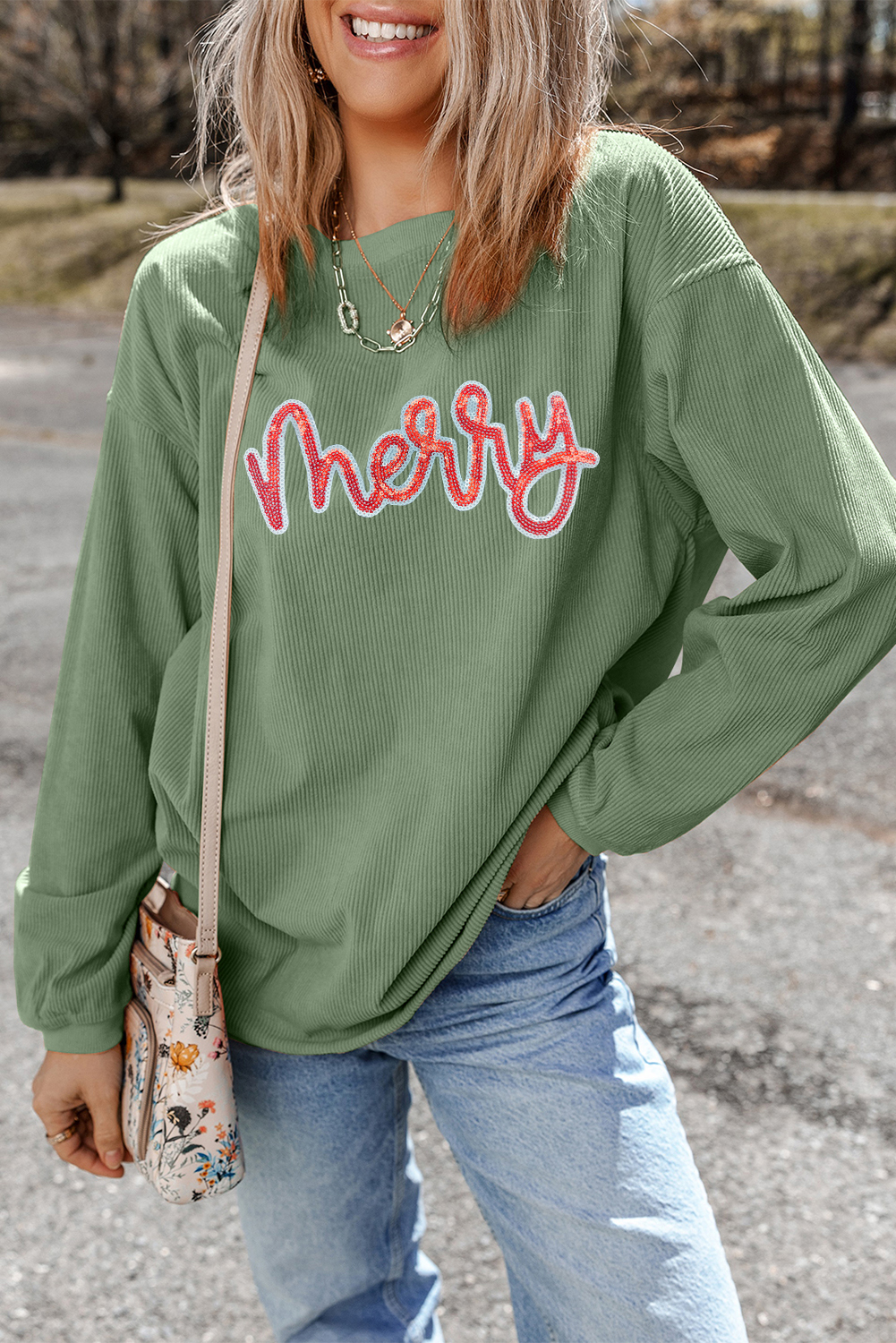 Grass Green Sequined merry Letter Graphic Twisted Ribbed Baggy Sweatshirt - loveforevers
