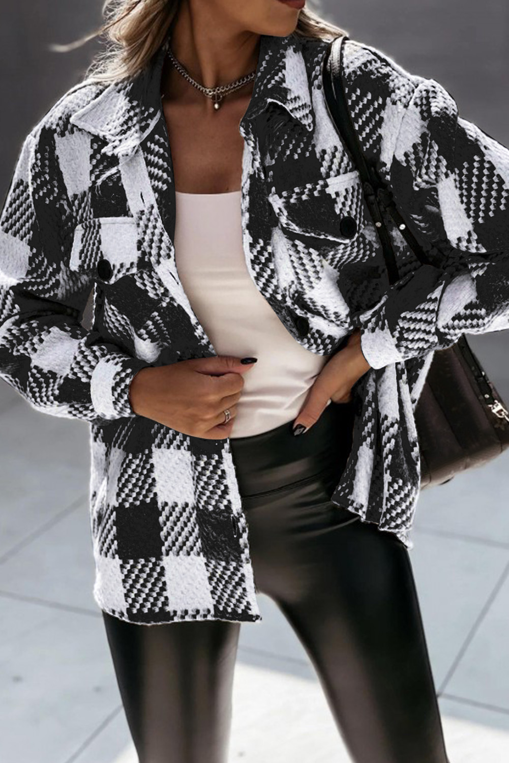 Black Plaid Textured Flap Pocket Shacket - loveforevers