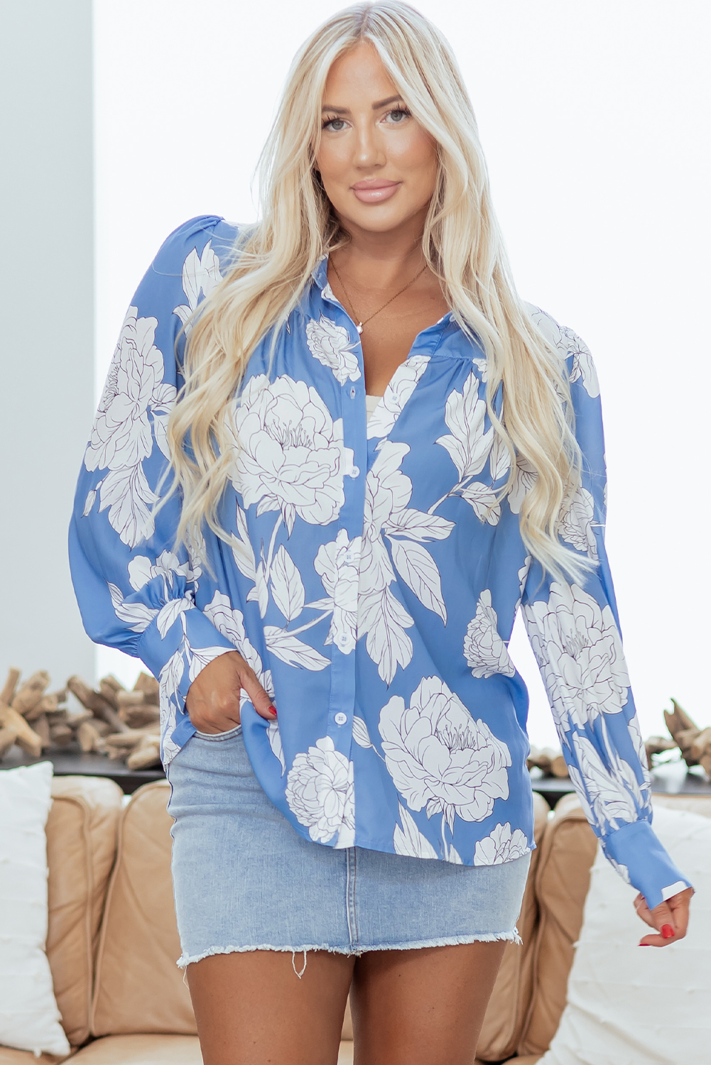 Sky Blue Floral Print Button Up Pleated Detail Puff Sleeve Shirt - loveforevers