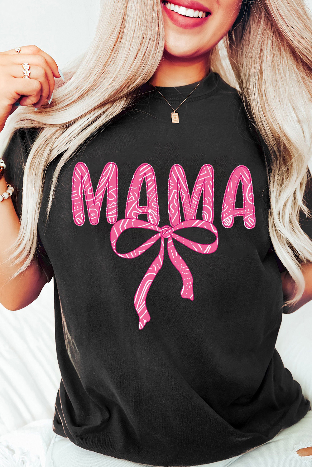 Black MAMA Ribbon Bowknot Graphic Crewneck T Shirt - loveforevers