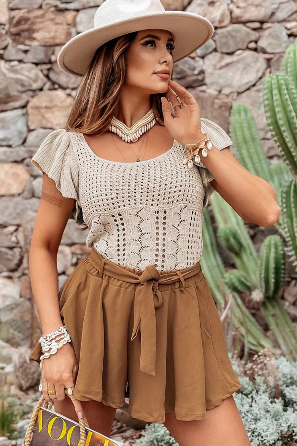 Beige Pointelle Knit Flutter Sleeve Sweater - loveforevers