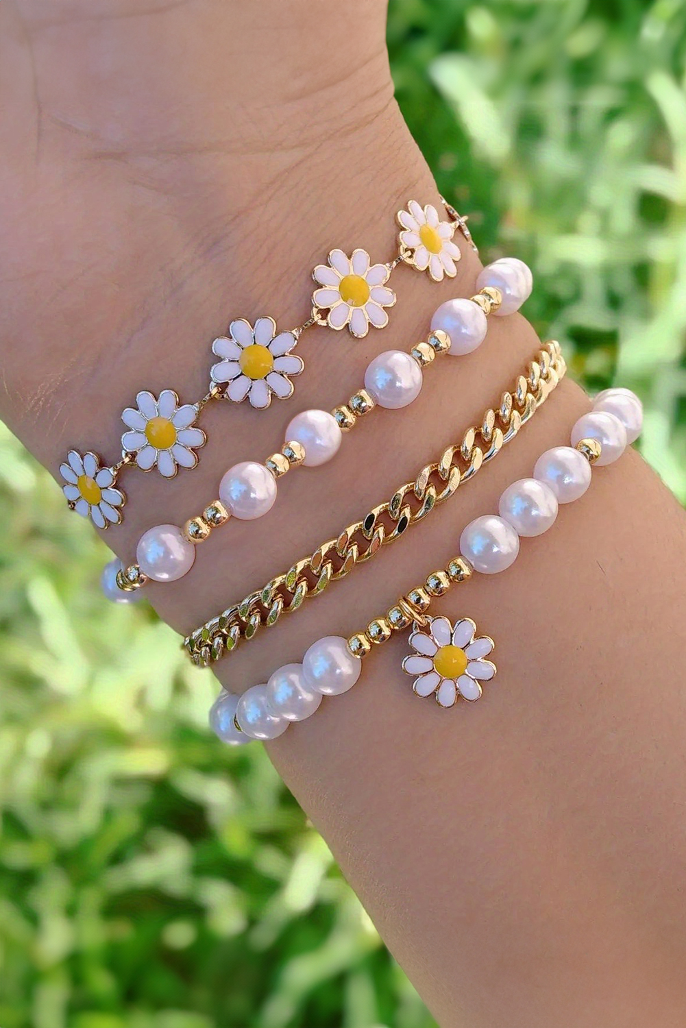 White 4pcs Daisy Pearl Beaded Chain Bracelet Set - loveforevers