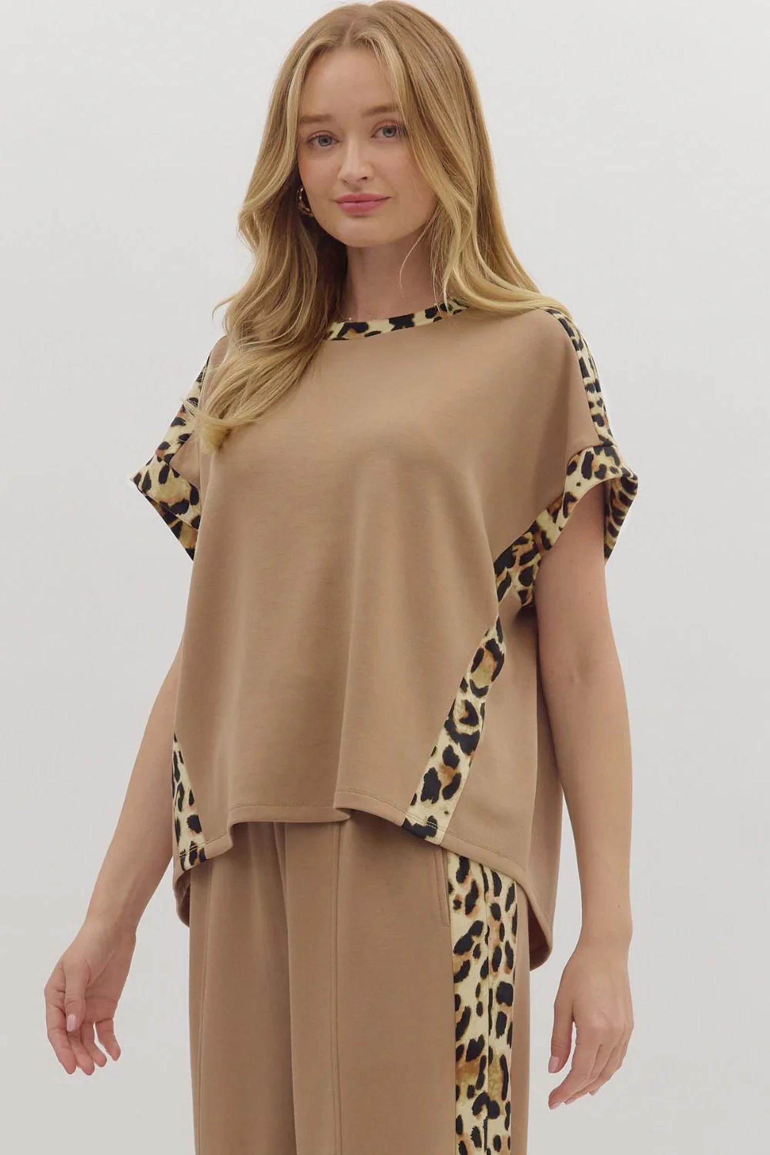 Sea Green Leopard Trim Round Neck Loose T Shirt - loveforevers