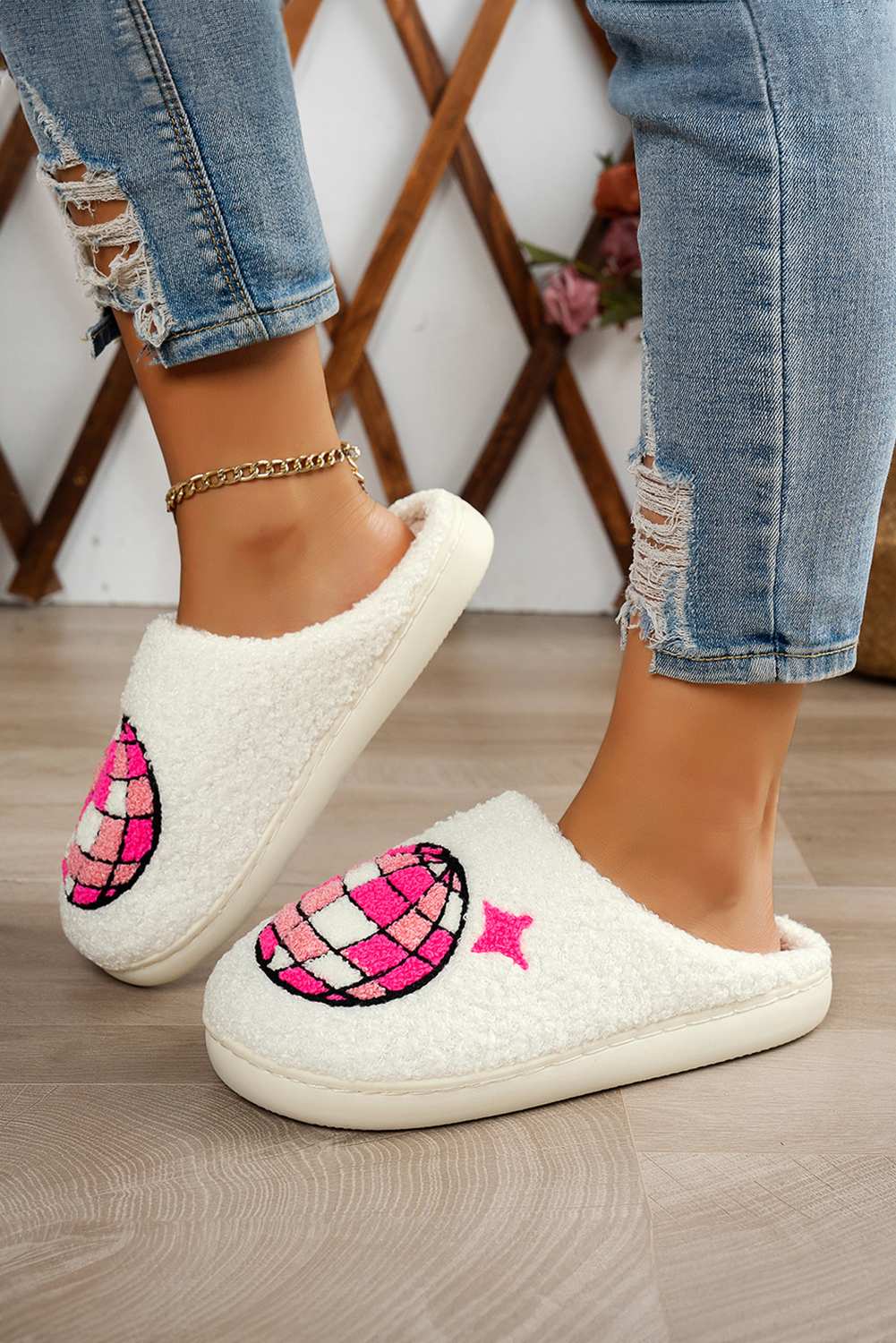 Black Disco Ball Print Fuzzy Winter House Slippers - loveforevers
