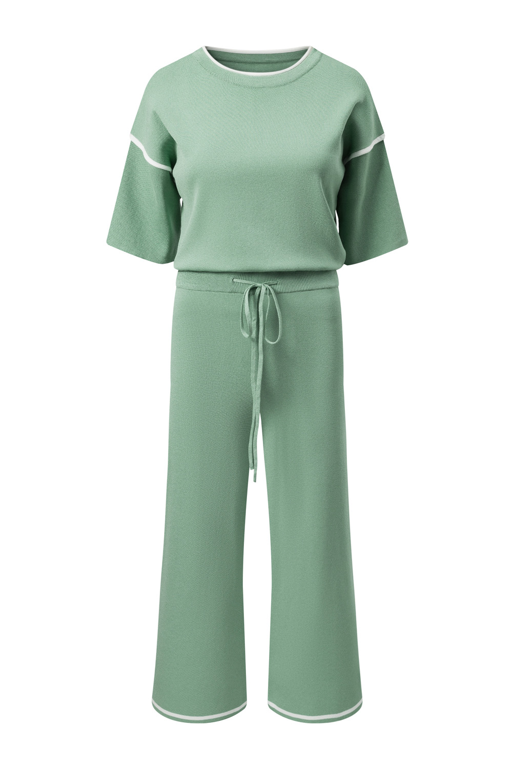 Blackish Green Contrast Trim Half Sleeve Top Drawstring Pants Loose 2pcs Sweater Suit - loveforevers