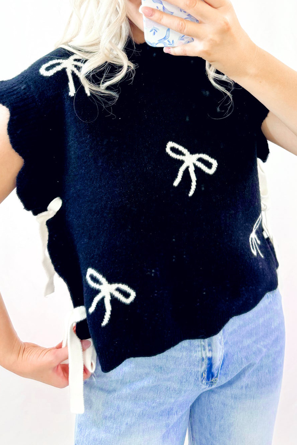 Black Bow Print Side Ties Scalloped Hem Sweater T Shirt - loveforevers