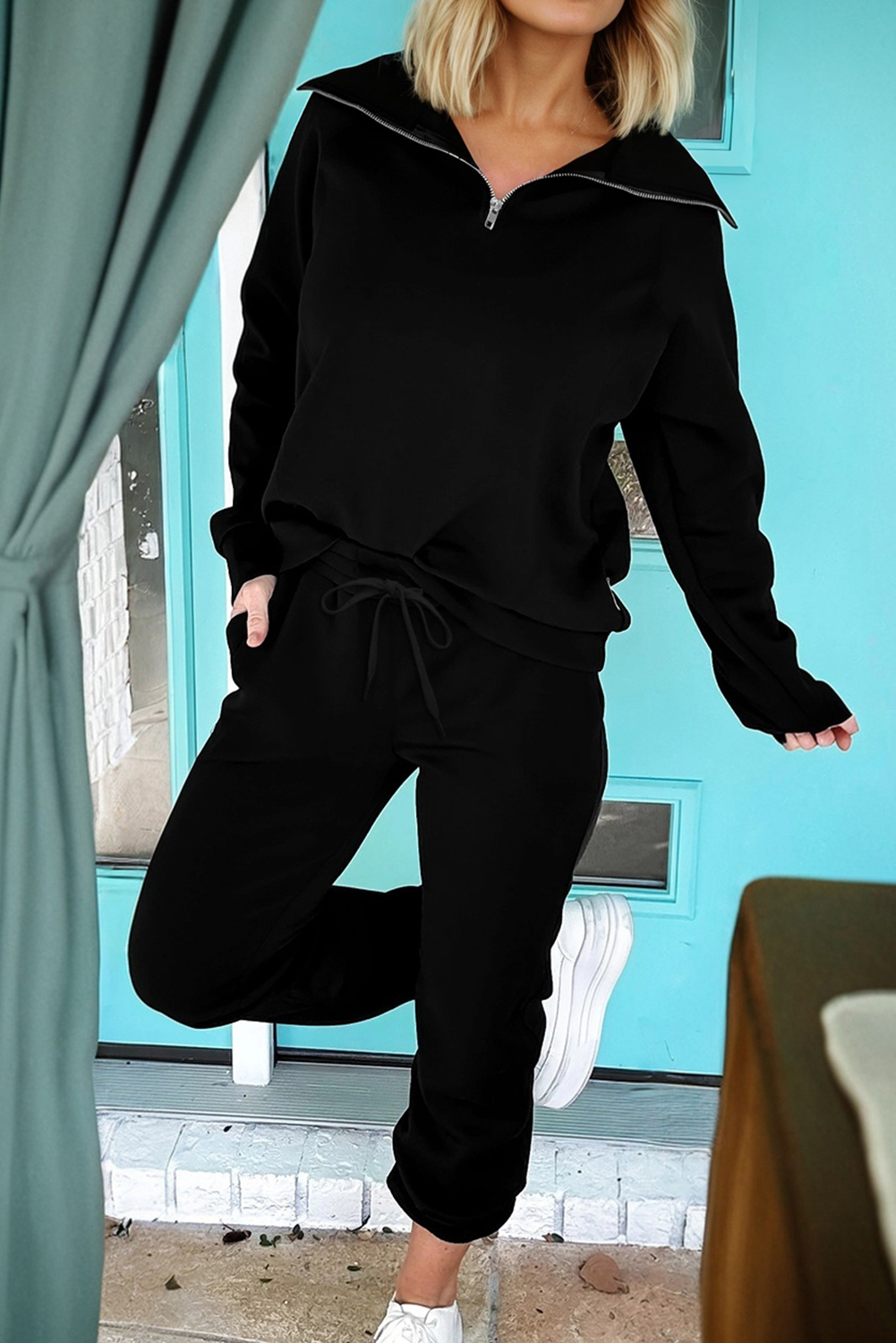 Black Zip Collar Long Sleeve Top Drawstring Pants Set - loveforevers