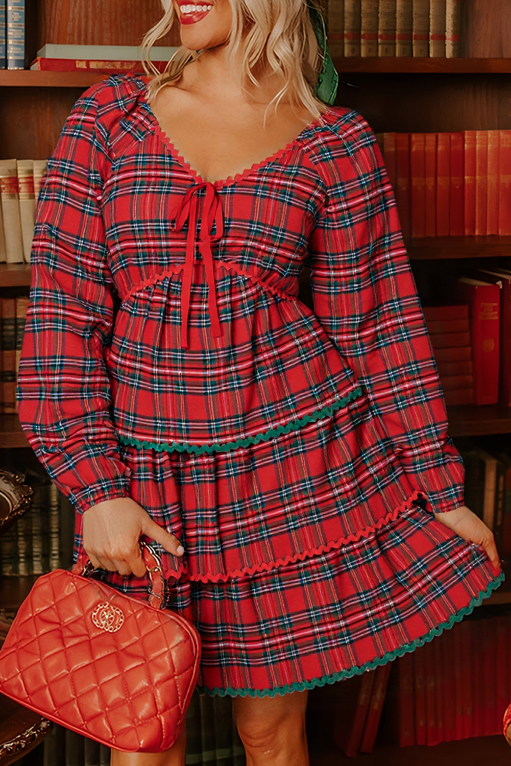 Red Plaid Print Ricrac Tiered Bubble Sleeve Mini Dress - loveforevers