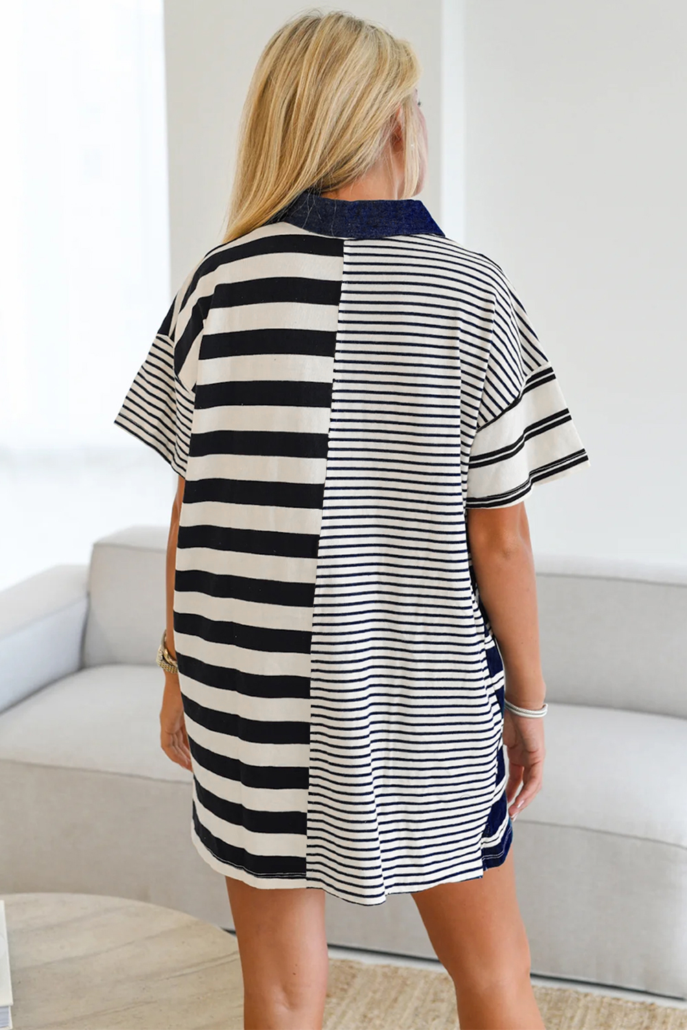 Black Stripe Half Placket Polo T Shirt Dress - loveforevers