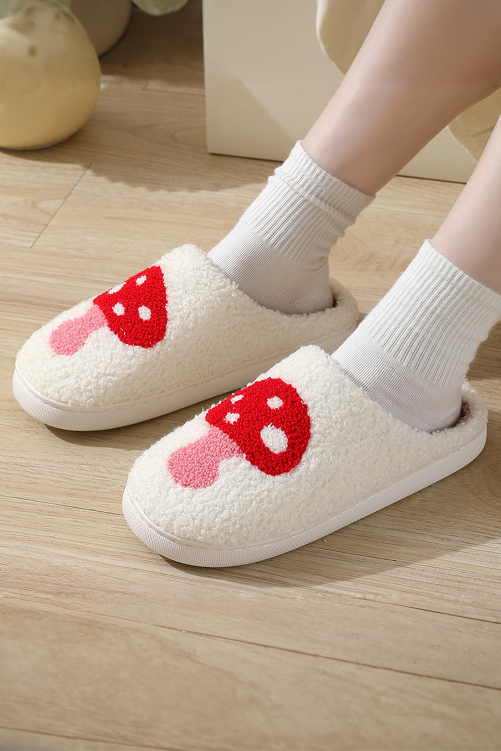 White Cute Cartoon Mushroom Graphic Fuzzy Winter Slippers - loveforevers