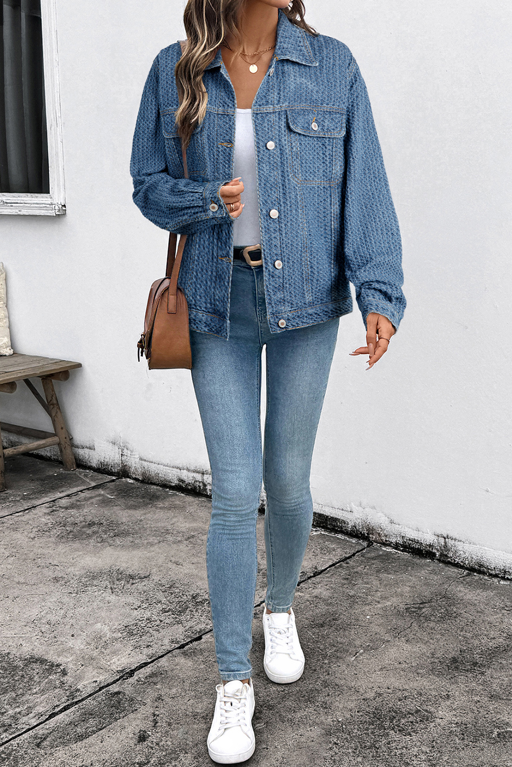 Blue Double Flap Pocket Denim Textured Button Down Jacket - loveforevers