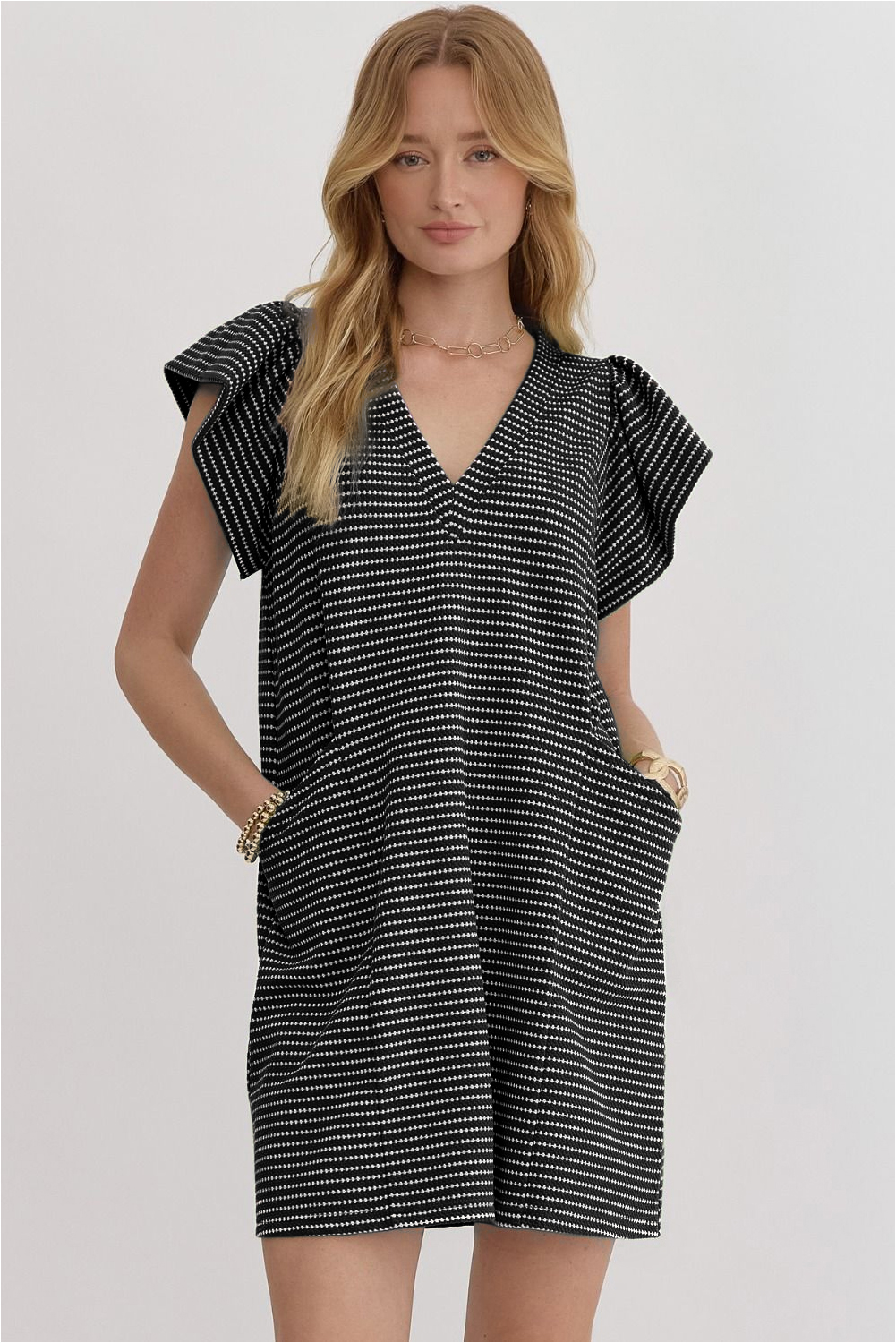 Blue Stripe Textured Knit V Neck Flutter Sleeve Shift Mini Dress - loveforevers