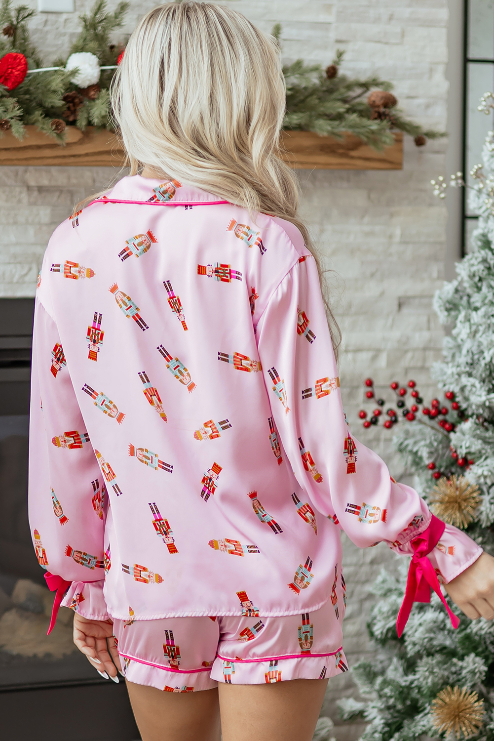 Pink Nutcracker Print Contrast Trim Tied up Bow Silky 2pcs Pajama Set - loveforevers