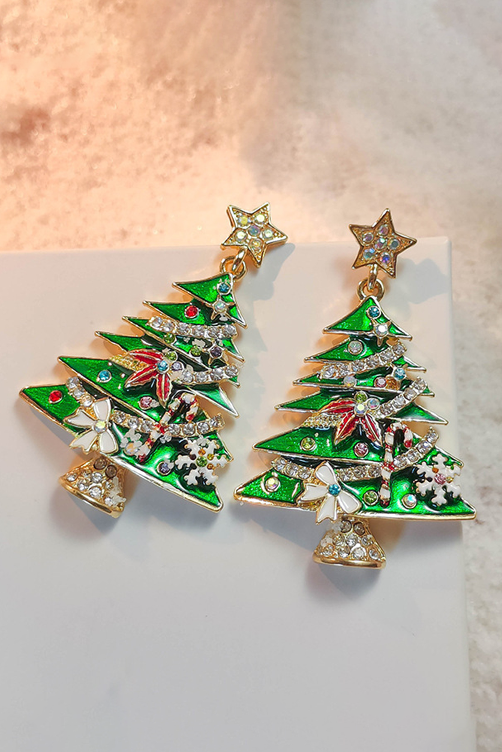 Bright Green Rhinestone Embellished Star Christmas Tree Earrings - loveforevers