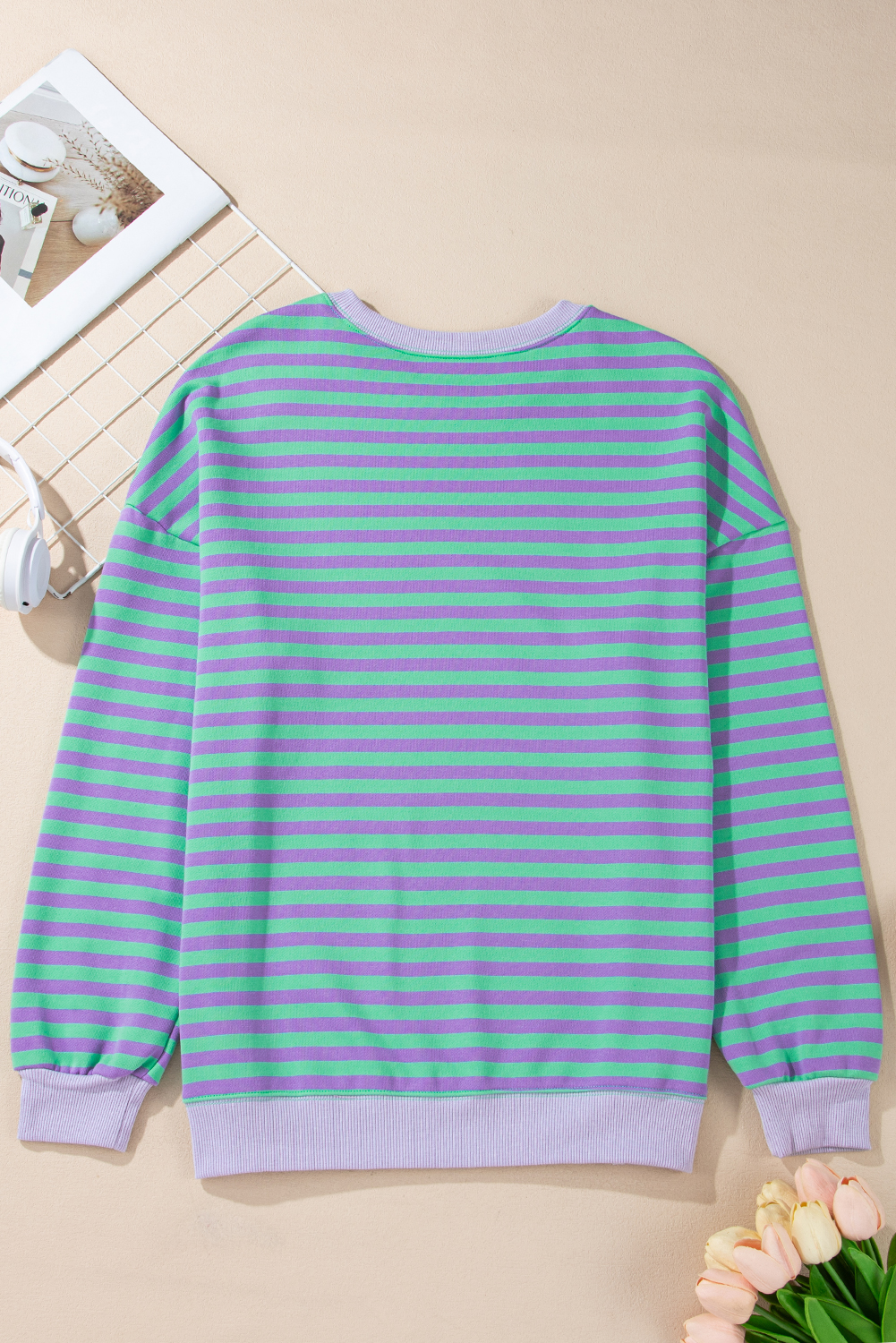 Red Stripe Contrast Ribbed Trim Crossed Stitch Drop Shoulder Sweatshirt - loveforevers