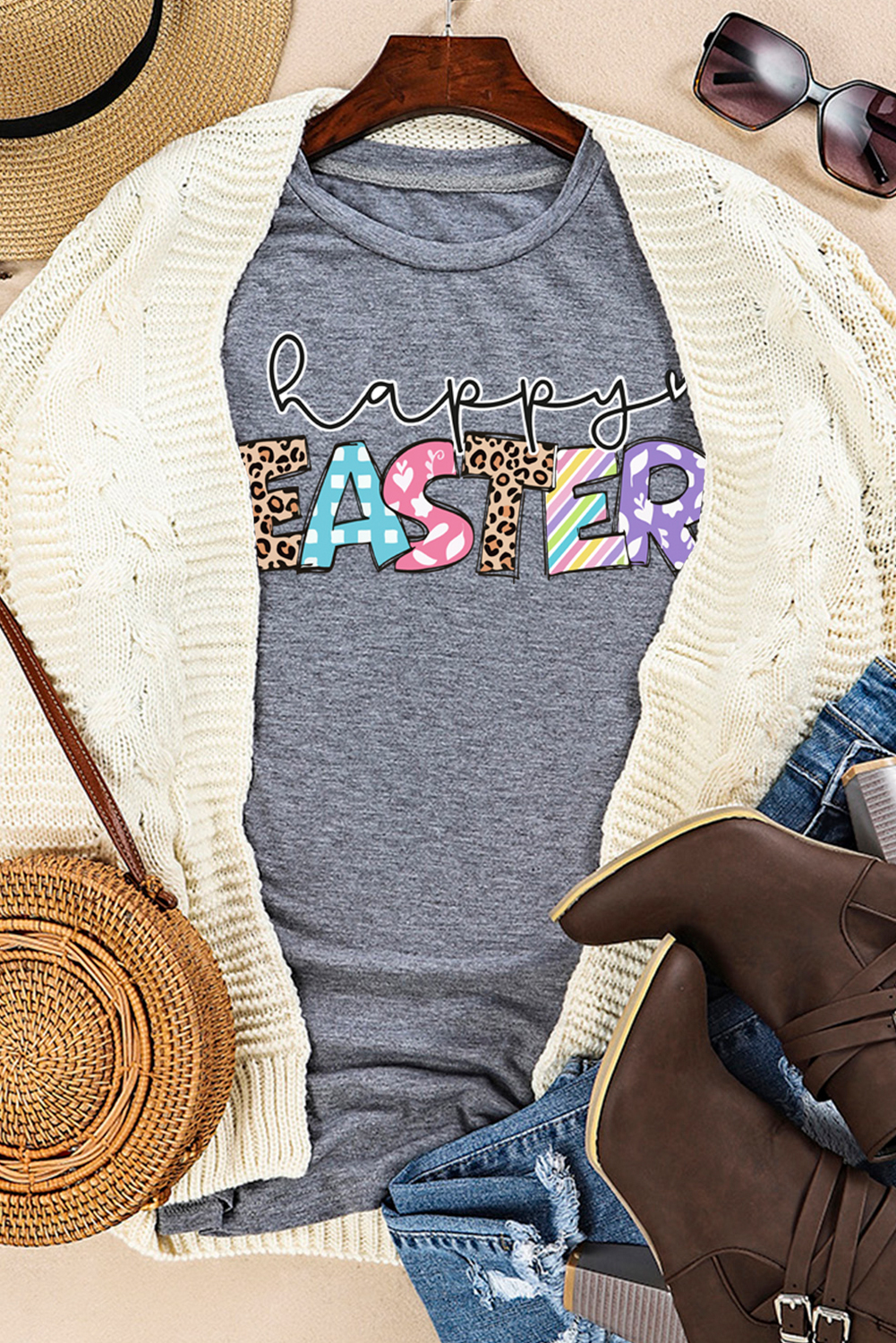 Gray Happy EASTER Lettering Graphic Crewneck Tee - loveforevers