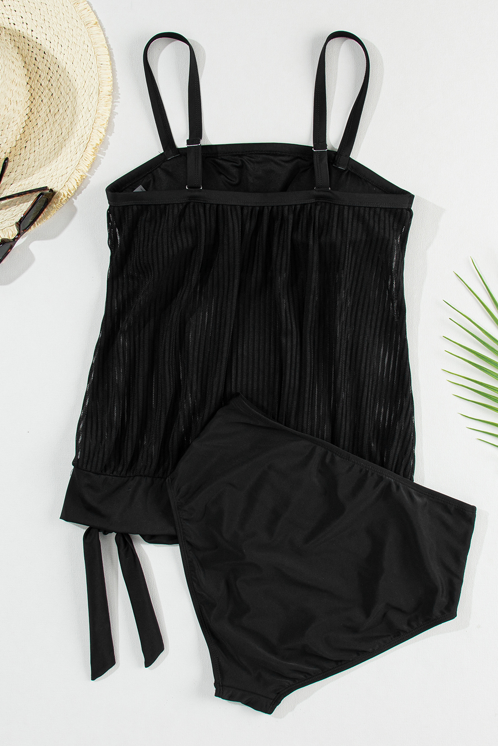 Turquoise Striped Mesh Knotted Hem Tankini Swimsuit - loveforevers