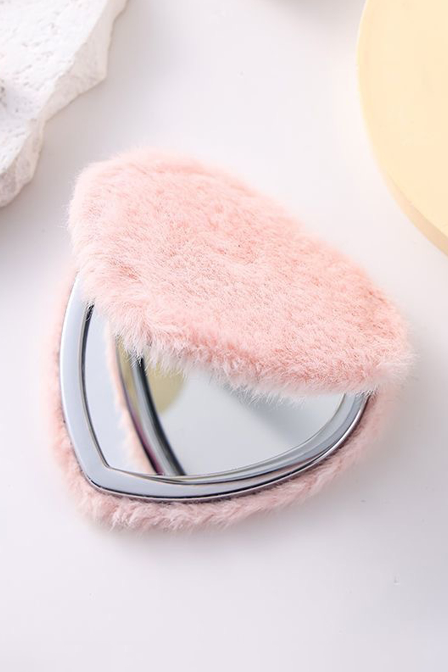 Pink Heart Shape Double Sides Fluffy Cute Mini Cosmetic Mirror - loveforevers