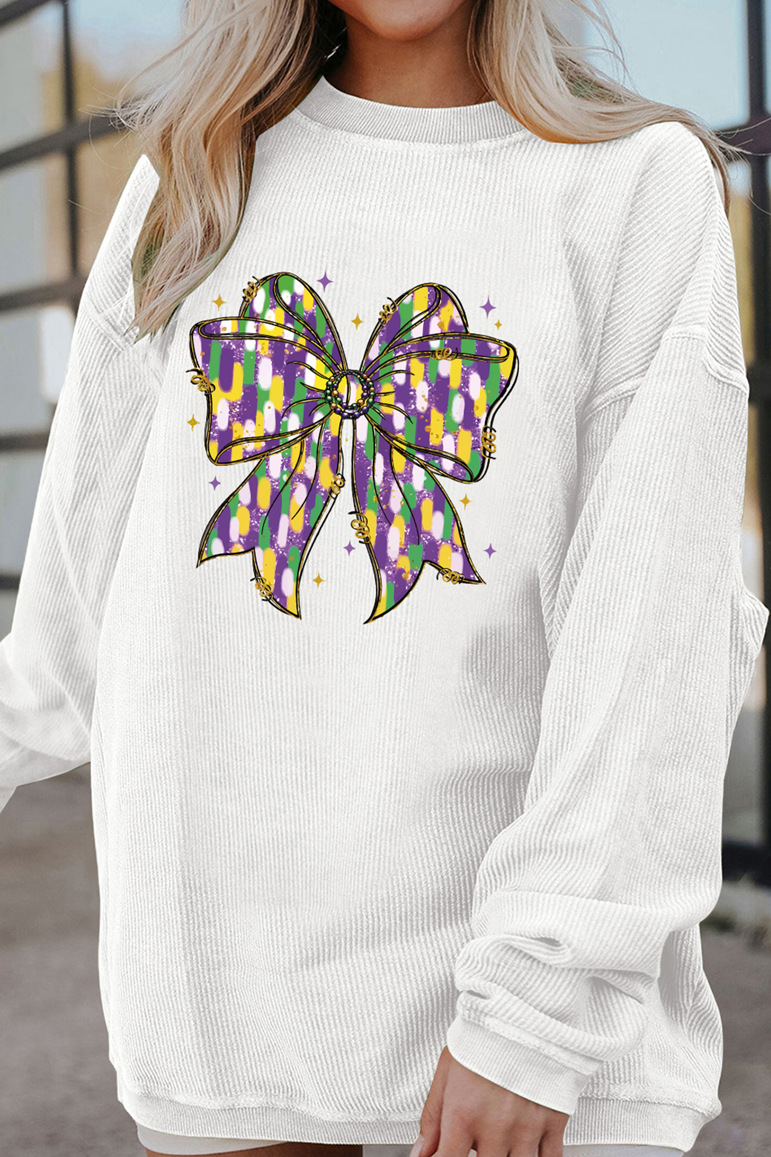 White Mardi Cheerful Bow Printed Corded Ribbed Sweatshirt - loveforevers