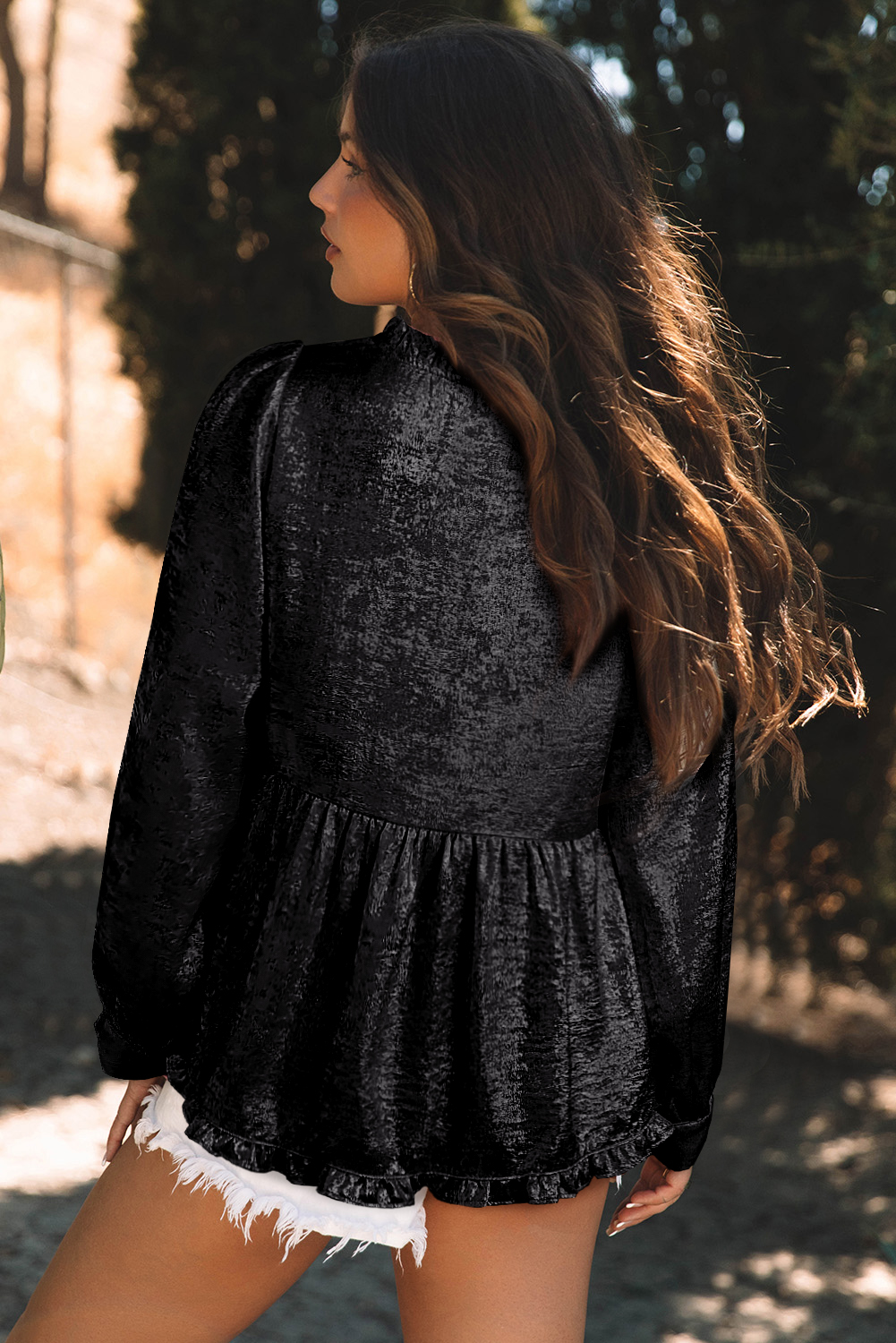 Dearlovers Gold Metallic Frilled V Neck Puff Sleeve Babydoll Blouse - loveforevers